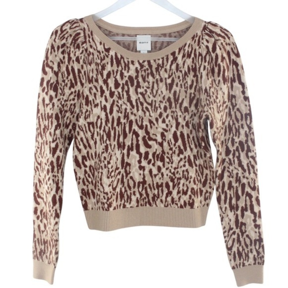 Maeve Pullover Sweater Leopard Print Puff Sleeve Size Small Tan Brown